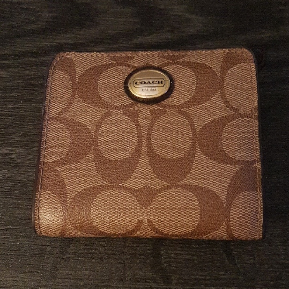 Coach Brown Signature Canvas Compact Wallet